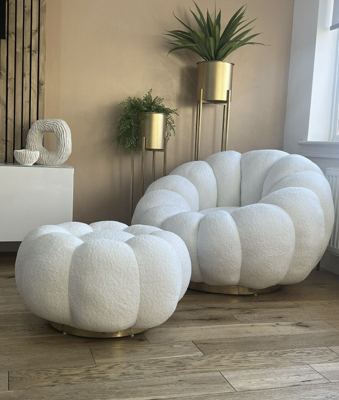 AMIRI BOUCLE GOLD SWIVEL CHAIR WITH FOOTSTOOL