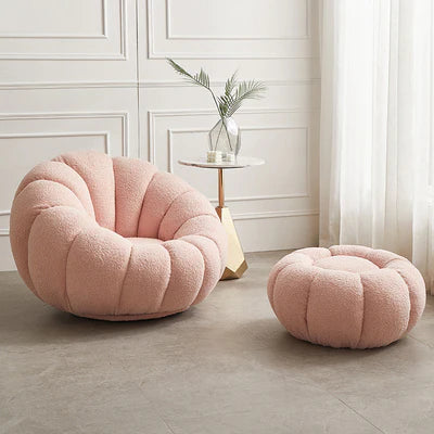 BABY PINK BOUCLE GOLD SWIVEL CHAIR WITH FOOTSTOOL